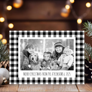 Black & White Buffalo Plaid Photo Christmas Holiday Card