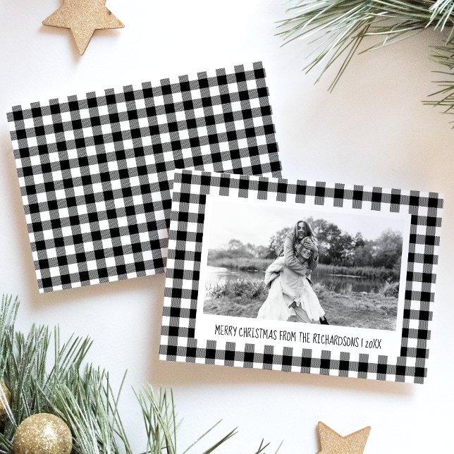 Black White Buffalo Plaid Photo Christmas Holiday Card (Creator Uploaded)