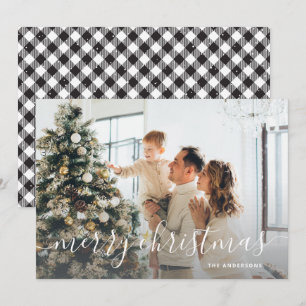 Black White Buffalo Plaid Photo Merry Christmas Holiday Card