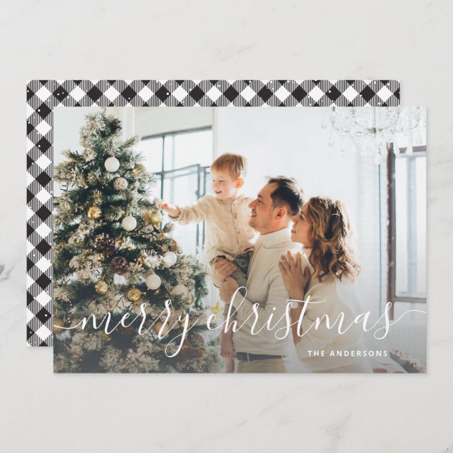 Black White Buffalo Plaid Photo Merry Christmas Holiday Card (Front/Back)