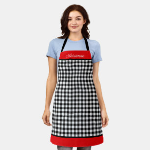 Black & White Buffalo Plaid Red Trim Personalised Apron