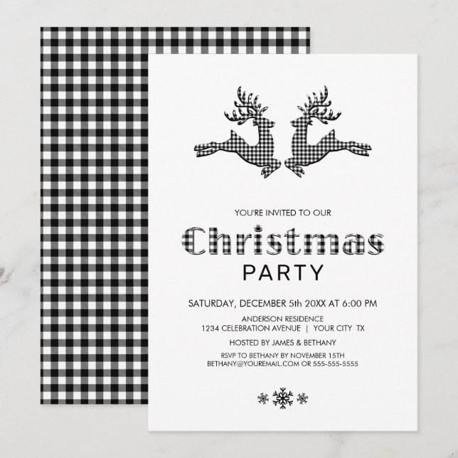Black White Buffalo Plaid Reindeer Christmas Party Invitation (Front/Back)