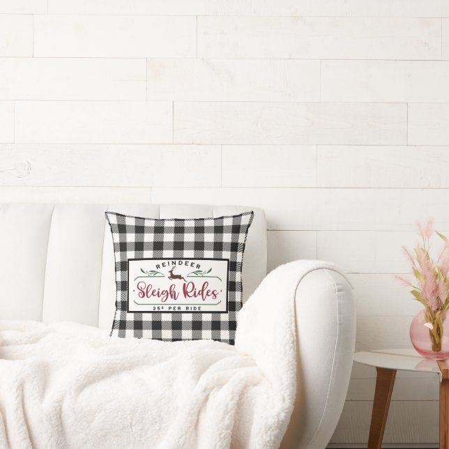 Black White Buffalo Plaid - Reindeer Sleigh Ride Cushion (Couch)