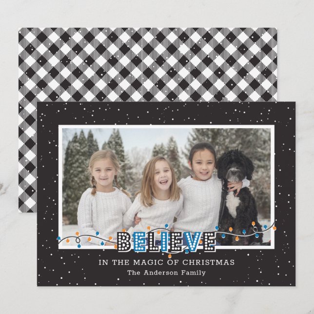 Black White Buffalo Plaid Snow Blue Believe Photo Holiday Card (Front/Back)