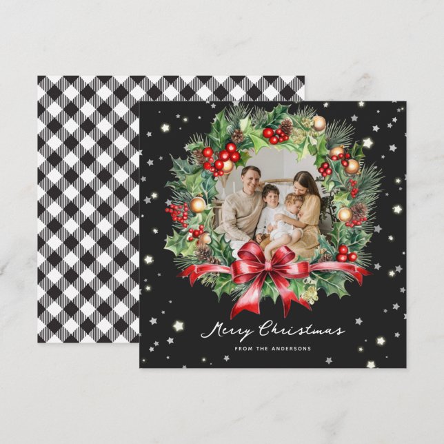 Black White Buffalo Plaid Stars Photo Christmas Holiday Card (Front/Back)