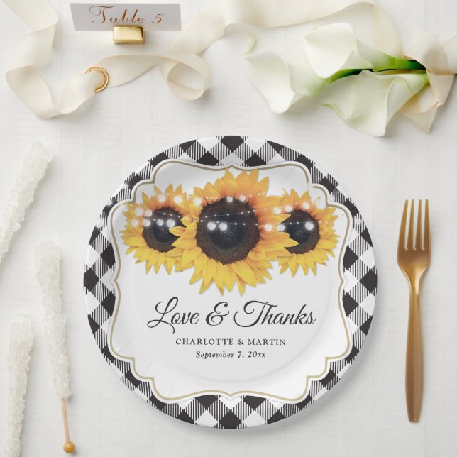 Black White Buffalo Plaid Sunflower Floral Wedding Paper Plate (Wedding)