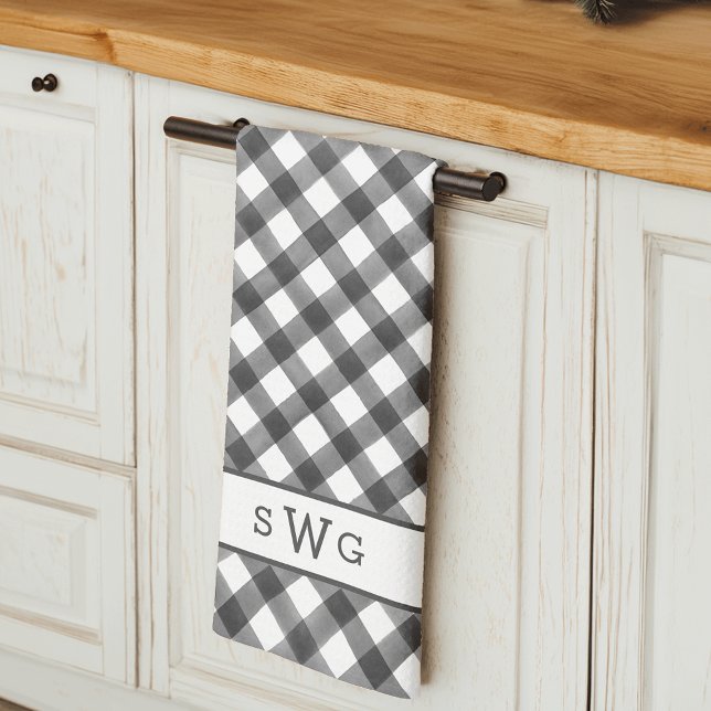 Black & White Buffalo Plaid Three Initial Monogram Tea Towel (Creator Uploaded)