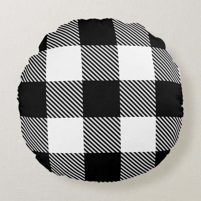Black White Buffalo Plaid with Twill Round Cushion (Front)