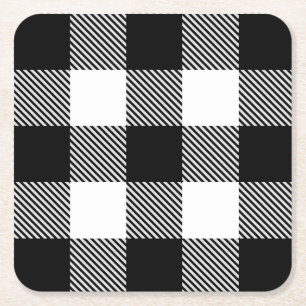 Black White Buffalo Plaid with Twill Square Paper Coaster