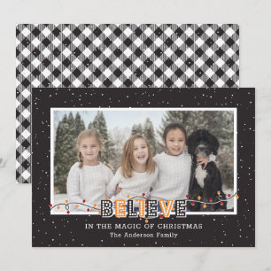 Black White Buffalo Plaid Yellow Believe Photo Holiday Card