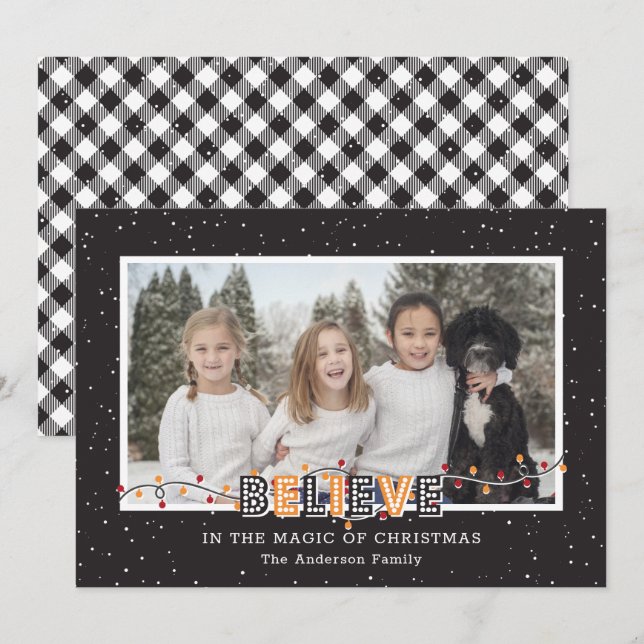 Black White Buffalo Plaid Yellow Believe Photo Holiday Card (Front/Back)
