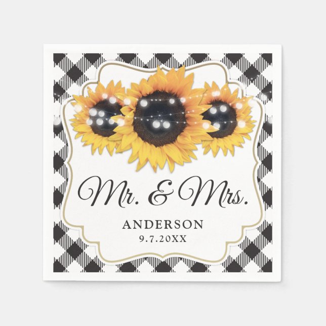 Black White Buffalo Sunflower Mr. & Mrs. Wedding Napkin (Front)