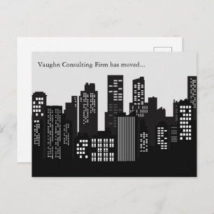 Black White Building Skyline Business Moving Announcement Postcard