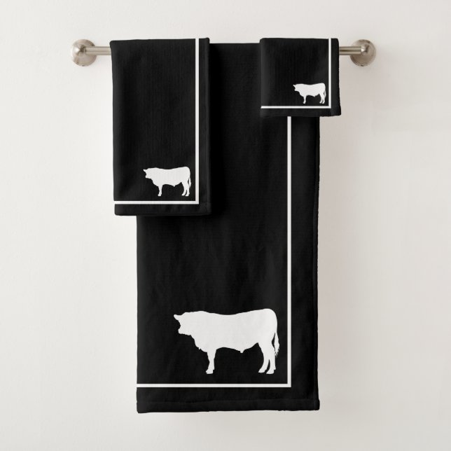 Black & White Bull Silhouette Modern Farmhouse Bath Towel Set (Insitu)