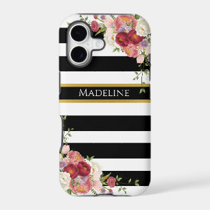 Black White Burgundy Floral Gold Striped