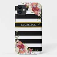Black White Burgundy Floral Gold | Striped