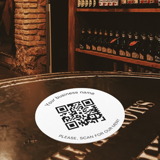 Black white business bar restaurant menu qr code round paper coaster (Creator Uploaded)