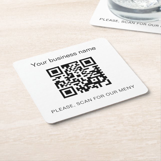 Black white business bar restaurant menu qr code square paper coaster (Angled)