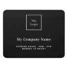 Black white business logo name opening hours