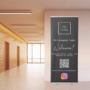 Black white business logo opening hours QR Insta Retractable Banner