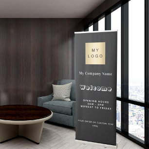 Black white business logo opening hours retractable banner