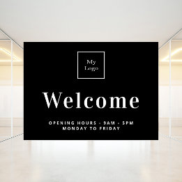 Black white business logo opening hours welcome window cling