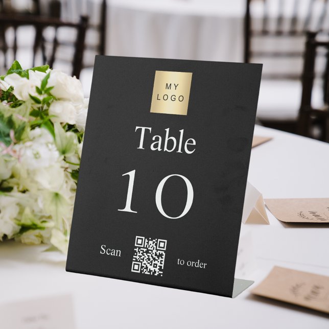 Black white business logo QR code table number Pedestal Sign (Creator Uploaded)