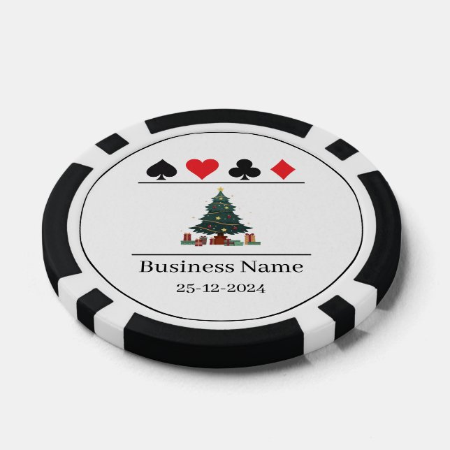 Black & White Business Name Green Christmas Tree Poker Chips (Single)