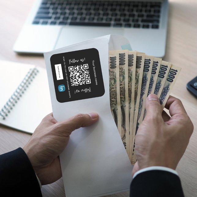 Black white business name qr code linkedin square sticker (Creator Uploaded)