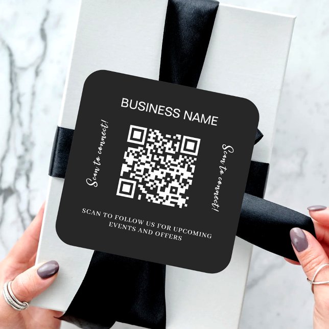Black white business name qr code square sticker (Creator Uploaded)