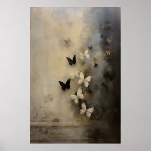 Black White Butterflies Dark Academia, Vintage Oil Poster