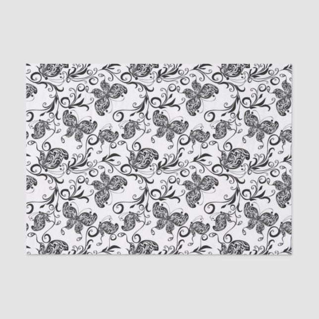 Black & White Butterflies & Flowers Pattern Tissue Paper (Front)
