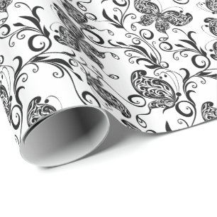 Black & White Butterflies & Flowers Pattern Wrapping Paper