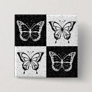 Black White Butterfly Chequered Block Print 15 Cm Square Badge