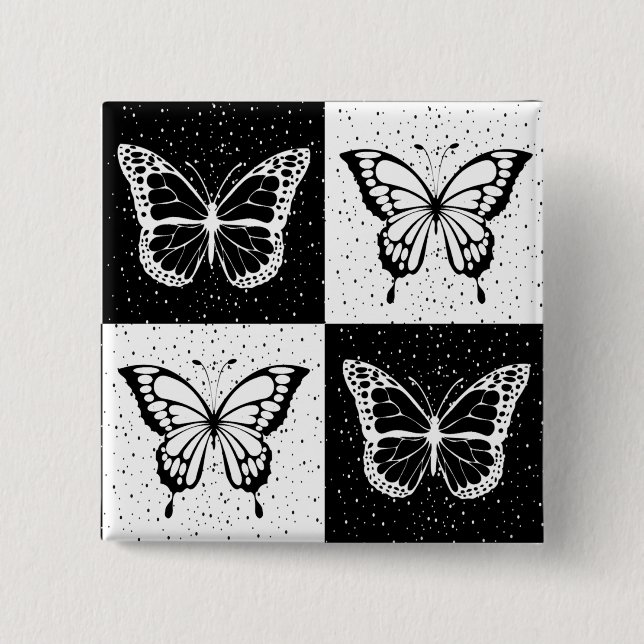 Black White Butterfly Chequered Block Print 15 Cm Square Badge (Front)