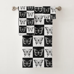 Black White Butterfly Chequered Block Print Bath Towel Set
