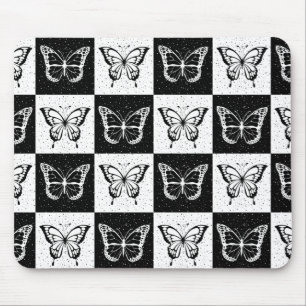 Black White Butterfly Chequered Block Print Mouse Mat