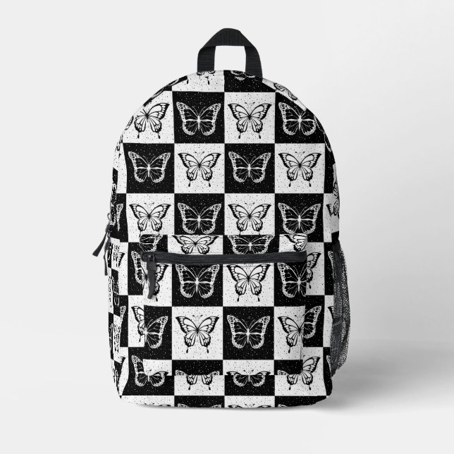 Black White Butterfly Chequered Block Print Printed Backpack (Front)