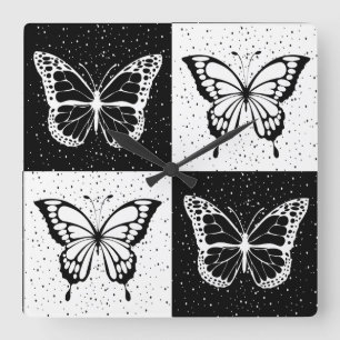 Black White Butterfly Chequered Block Print Square Wall Clock