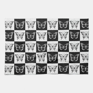 Black White Butterfly Chequered Block Print Tea Towel