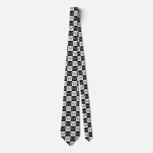Black White Butterfly Chequered Block Print Tie