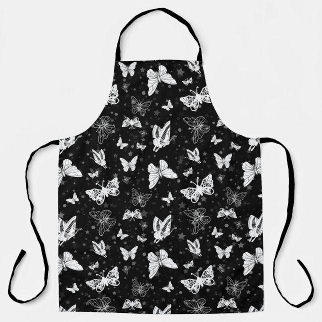 Black White Butterfly Illustration Pattern Design Apron (Front)