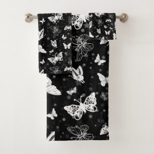 Black White Butterfly Illustration Pattern Design Bath Towel Set