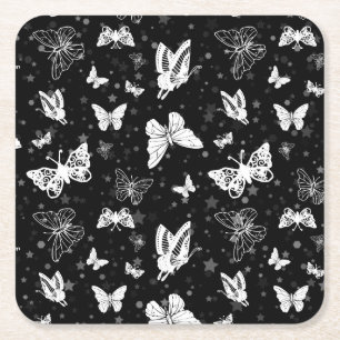 Black White Butterfly Illustration Pattern Design Square Paper Coaster