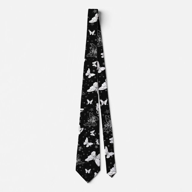 Black White Butterfly Illustration Pattern Design Tie (Front)