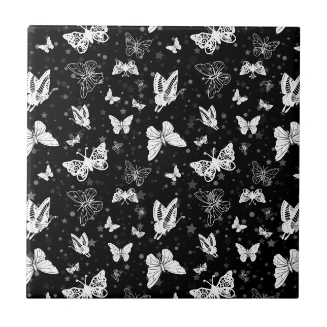 Black White Butterfly Illustration Pattern Design Tile (Front)