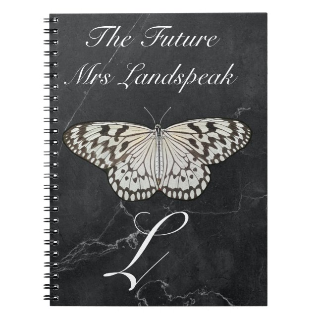 Black & White Butterfly on Black Marble Stone Notebook (Front)