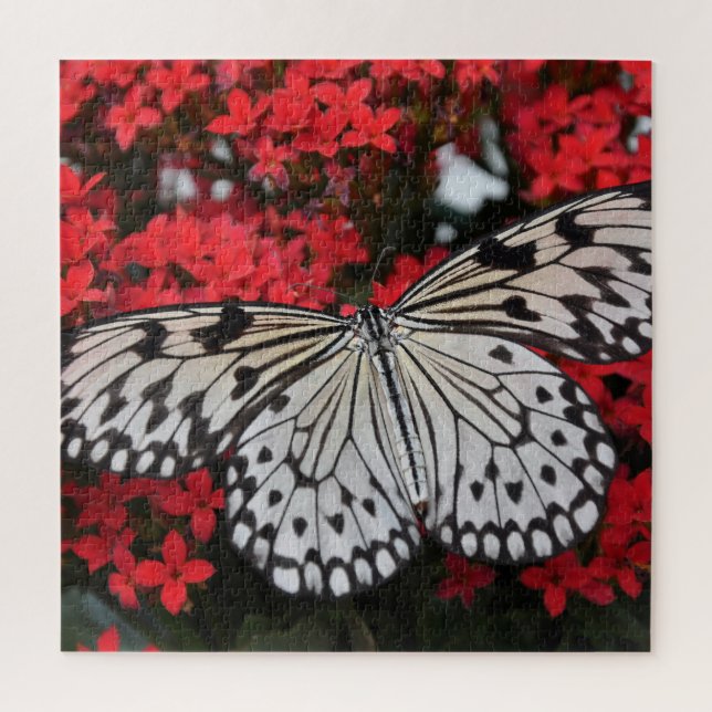 Black & White Butterfly on Red Flowers Jigsaw Puzzle (Vertical)