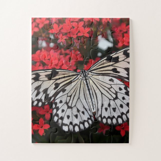 Black & White Butterfly on Red Flowers Jigsaw Puzzle (Vertical)