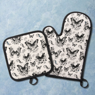 Black White Butterfly Pattern Oven Mitt & Pot Holder Set